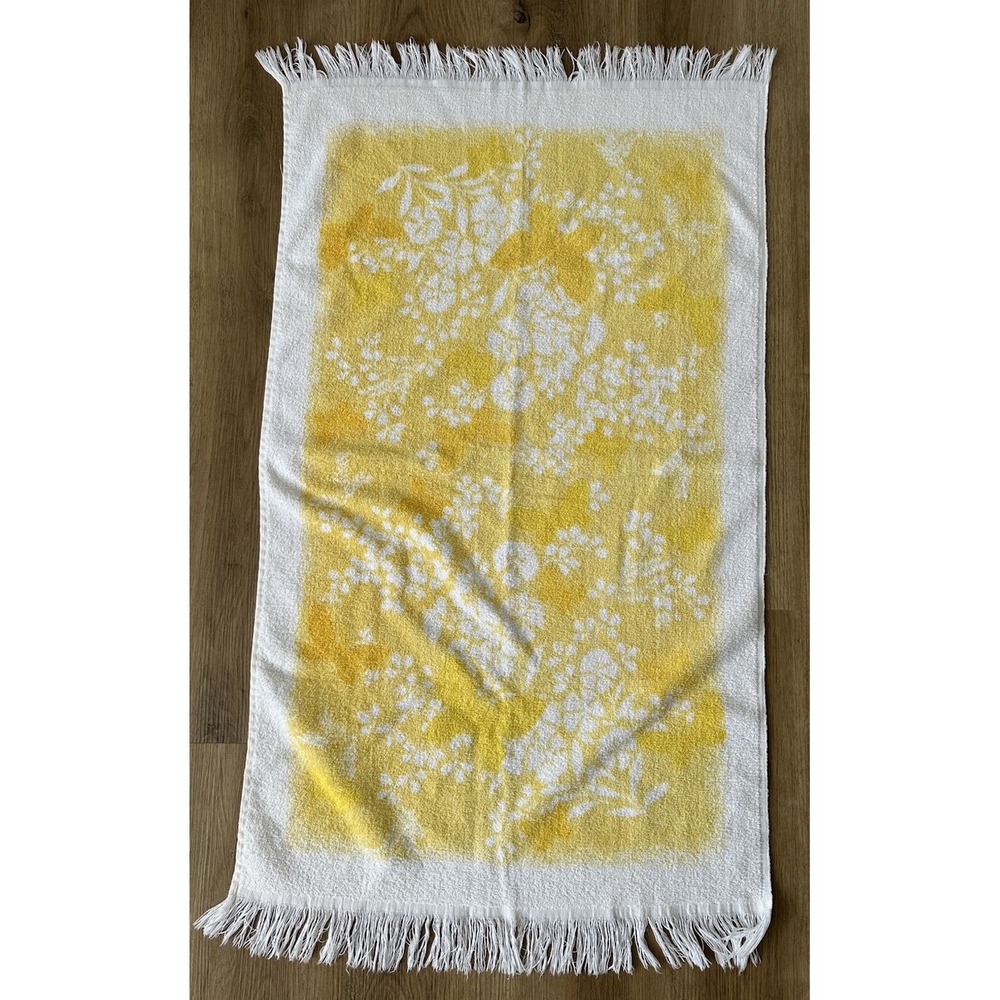 Unique Vintage 1970s Yellow and White Butterfly Floral Bath Towel with Fringe